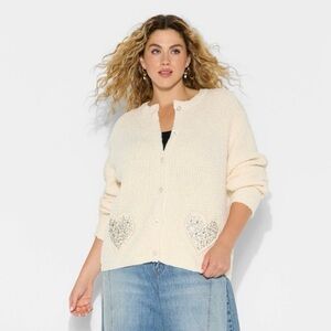 Women's Cream Cardigan with Heart Accents. Valentine’s Day. Size Large